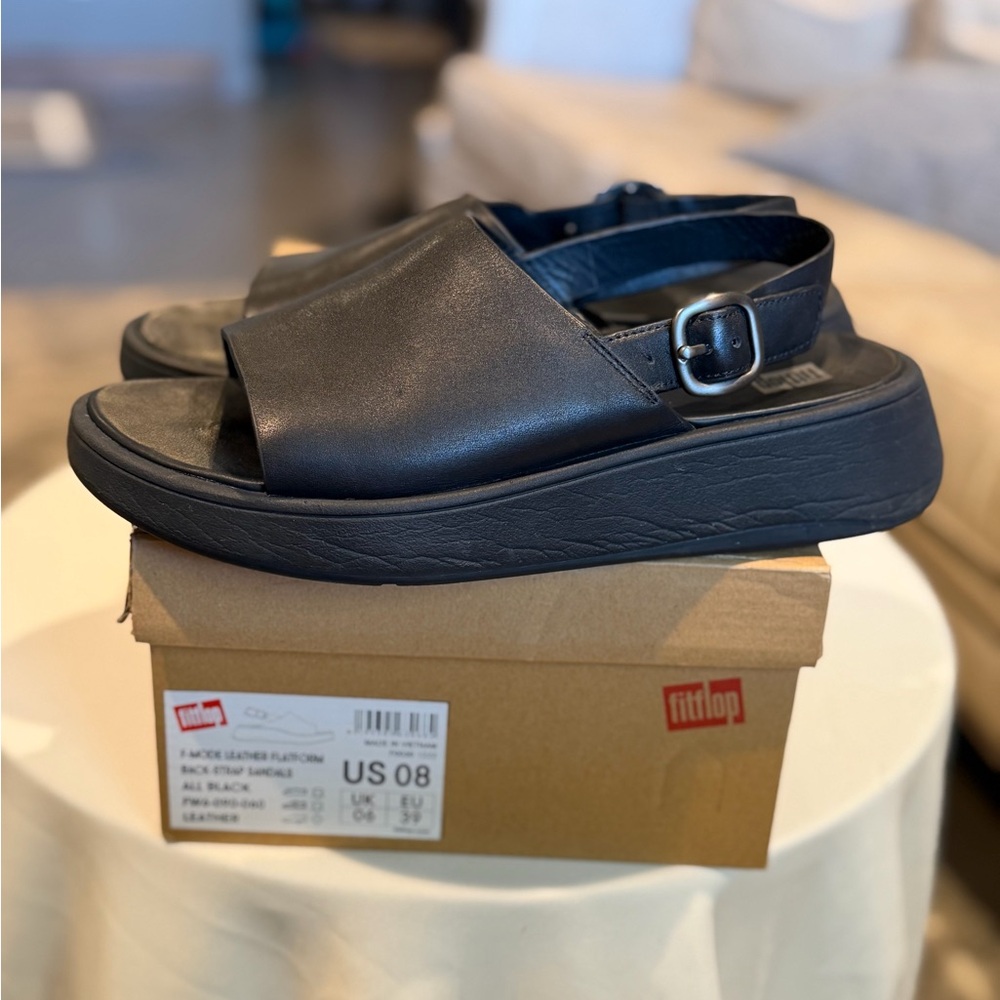 Fitflop F-Mode Women’s Black Leather Platform Back-Strap Sandals US 8 EUR 39